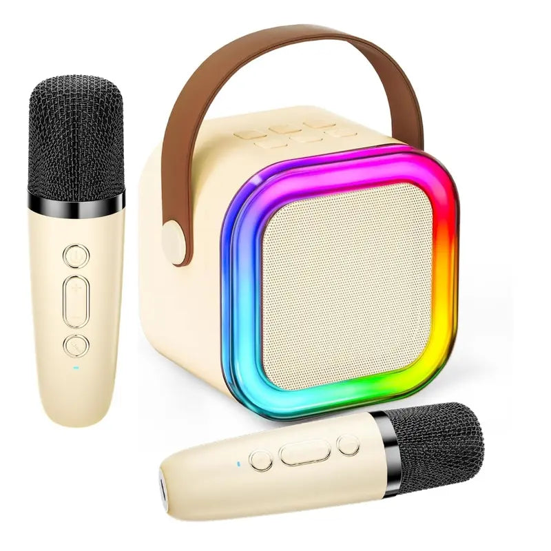 Compact Karaoke System with Dual Wireless Microphones - Rechargeable Bluetooth Speaker with LED Lights, Ideal for Family Gatherings and Birthday Celebrations, Perfect Gift for Children Aged 3-14