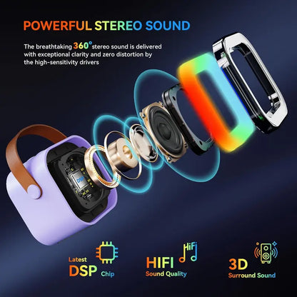 Compact Karaoke System with Dual Wireless Microphones - Rechargeable Bluetooth Speaker with LED Lights, Ideal for Family Gatherings and Birthday Celebrations, Perfect Gift for Children Aged 3-14