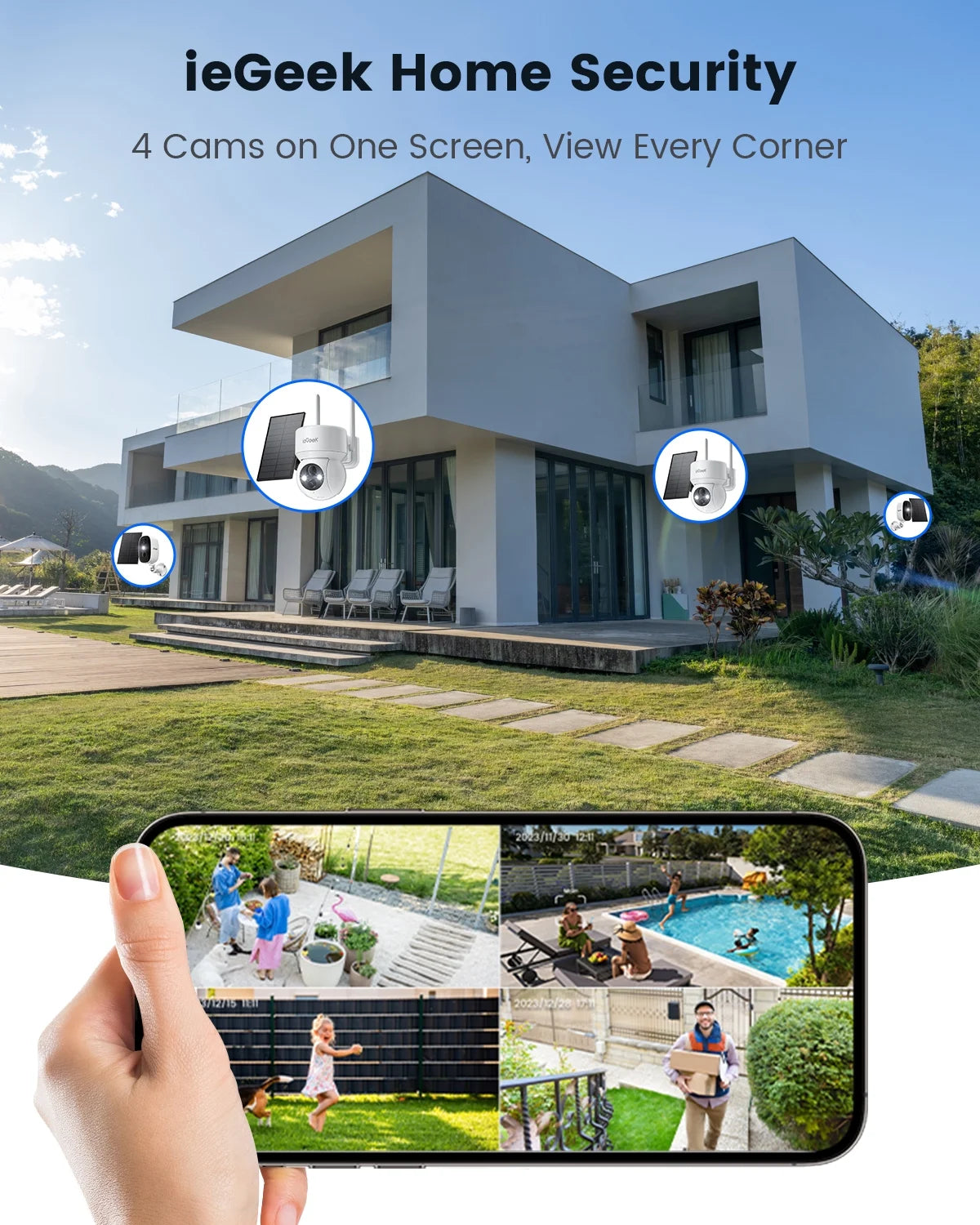 Security Cameras Wireless Outdoor, 2K Wifi Solar Camera for Home Surveillance, 360 View PTZ, Battery Powered, Color Night Vision, Motion Sensor