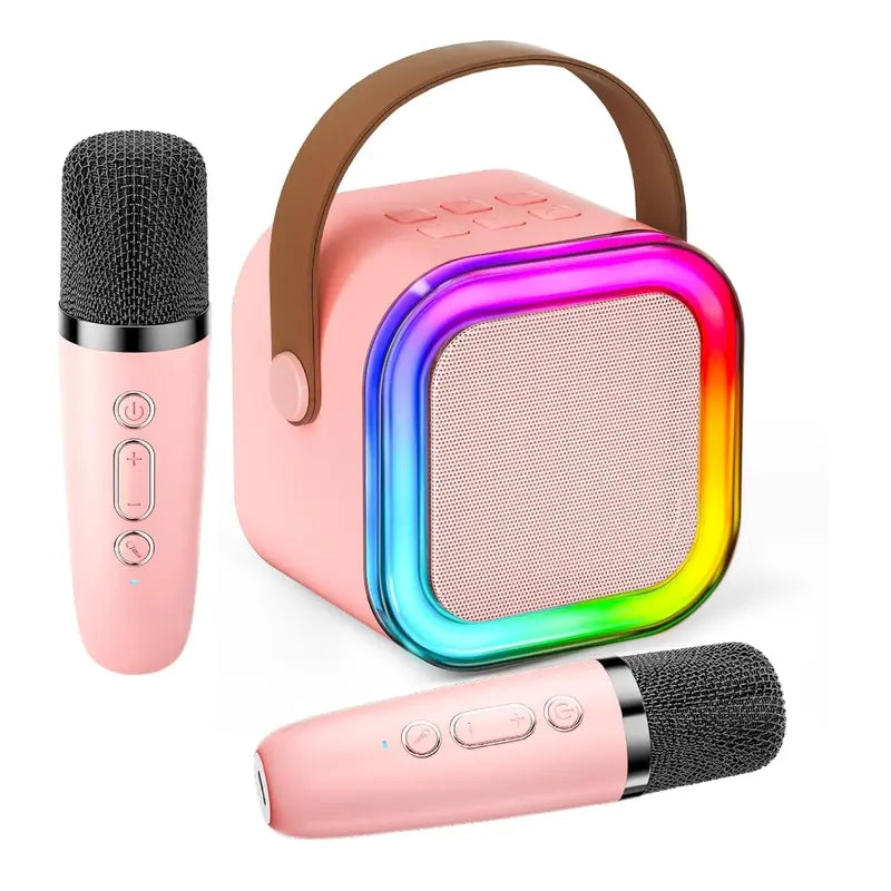 Compact Karaoke System with Dual Wireless Microphones - Rechargeable Bluetooth Speaker with LED Lights, Ideal for Family Gatherings and Birthday Celebrations, Perfect Gift for Children Aged 3-14