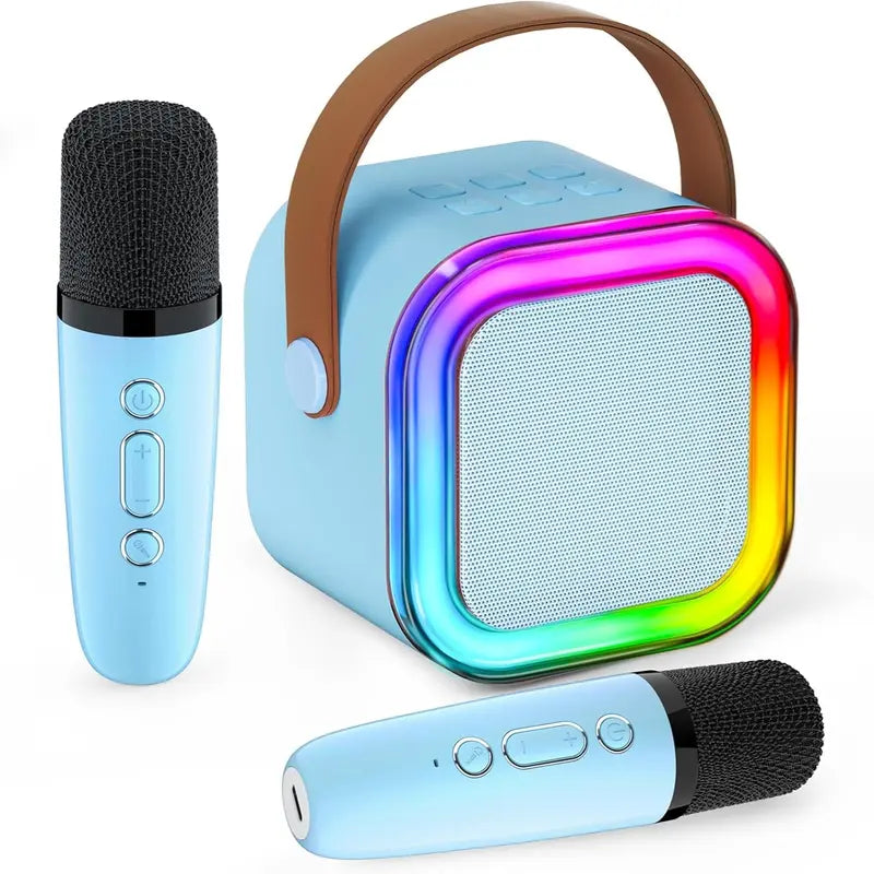Compact Karaoke System with Dual Wireless Microphones - Rechargeable Bluetooth Speaker with LED Lights, Ideal for Family Gatherings and Birthday Celebrations, Perfect Gift for Children Aged 3-14