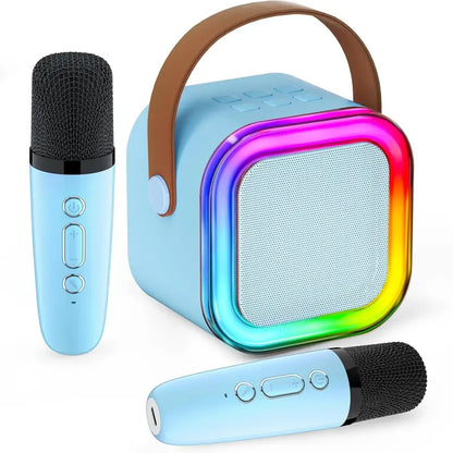 Compact Karaoke System with Dual Wireless Microphones - Rechargeable Bluetooth Speaker with LED Lights, Ideal for Family Gatherings and Birthday Celebrations, Perfect Gift for Children Aged 3-14