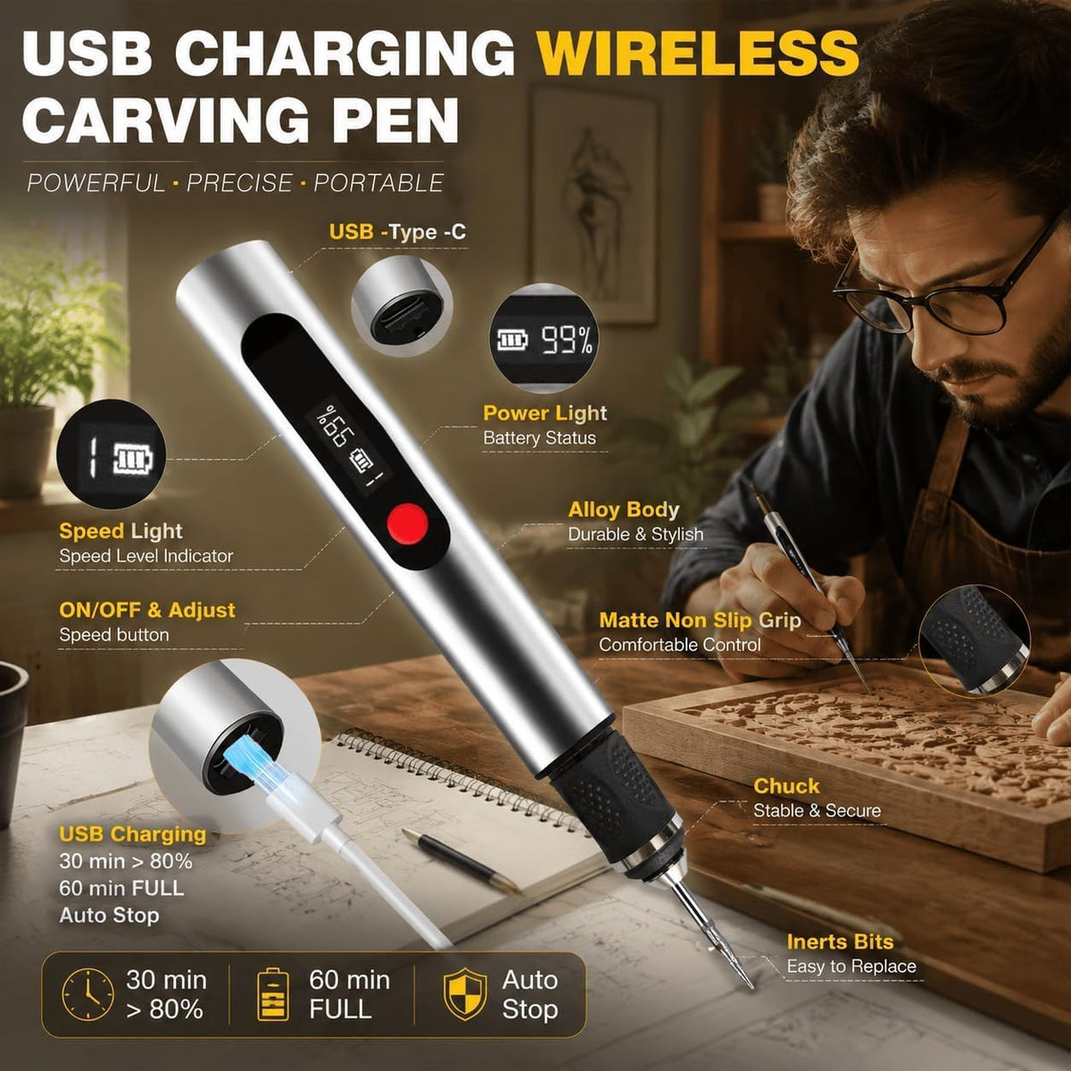 Cordless Engraving Pen with 35 Bits, USB-C Rechargeable for Metal, Wood, and Glass