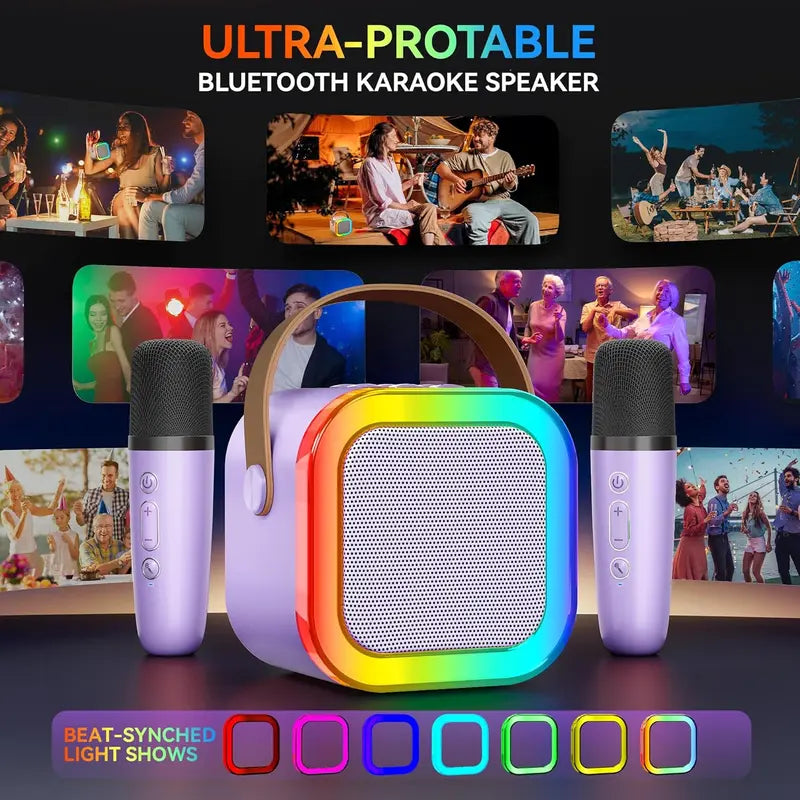 Compact Karaoke System with Dual Wireless Microphones - Rechargeable Bluetooth Speaker with LED Lights, Ideal for Family Gatherings and Birthday Celebrations, Perfect Gift for Children Aged 3-14