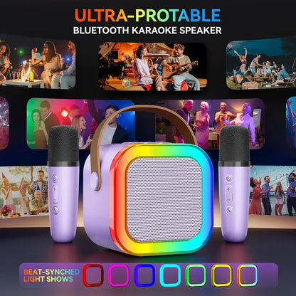 Compact Karaoke System with Dual Wireless Microphones - Rechargeable Bluetooth Speaker with LED Lights, Ideal for Family Gatherings and Birthday Celebrations, Perfect Gift for Children Aged 3-14