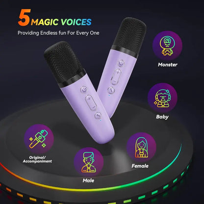 Compact Karaoke System with Dual Wireless Microphones - Rechargeable Bluetooth Speaker with LED Lights, Ideal for Family Gatherings and Birthday Celebrations, Perfect Gift for Children Aged 3-14