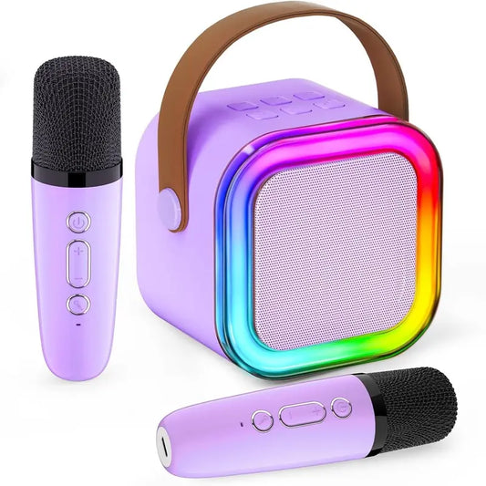 Compact Karaoke System with Dual Wireless Microphones - Rechargeable Bluetooth Speaker with LED Lights, Ideal for Family Gatherings and Birthday Celebrations, Perfect Gift for Children Aged 3-14