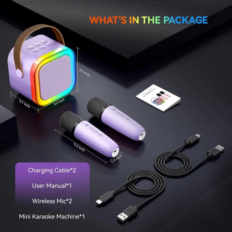 Compact Karaoke System with Dual Wireless Microphones - Rechargeable Bluetooth Speaker with LED Lights, Ideal for Family Gatherings and Birthday Celebrations, Perfect Gift for Children Aged 3-14