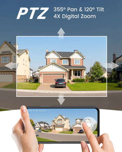 Security Cameras Wireless Outdoor, 2K Wifi Solar Camera for Home Surveillance, 360 View PTZ, Battery Powered, Color Night Vision, Motion Sensor