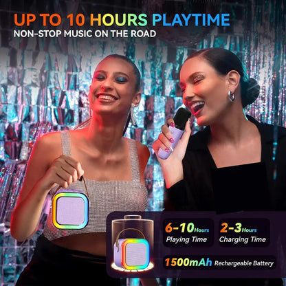 Compact Karaoke System with Dual Wireless Microphones - Rechargeable Bluetooth Speaker with LED Lights, Ideal for Family Gatherings and Birthday Celebrations, Perfect Gift for Children Aged 3-14