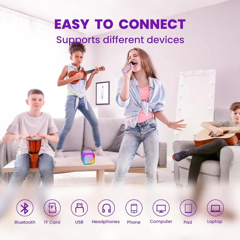 Compact Karaoke System with Dual Wireless Microphones - Rechargeable Bluetooth Speaker with LED Lights, Ideal for Family Gatherings and Birthday Celebrations, Perfect Gift for Children Aged 3-14