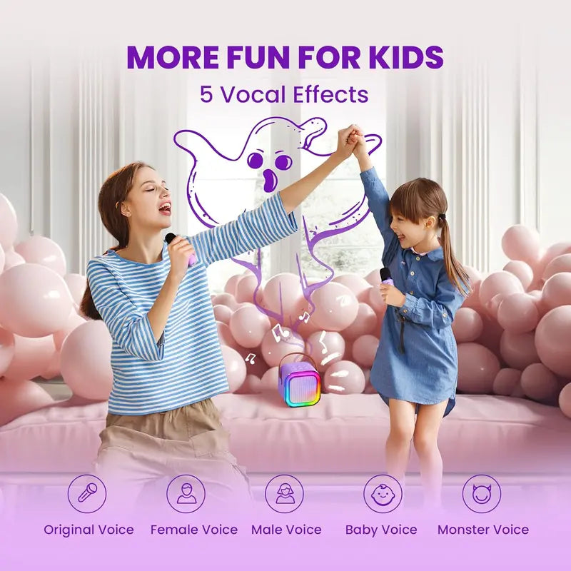 Compact Karaoke System with Dual Wireless Microphones - Rechargeable Bluetooth Speaker with LED Lights, Ideal for Family Gatherings and Birthday Celebrations, Perfect Gift for Children Aged 3-14